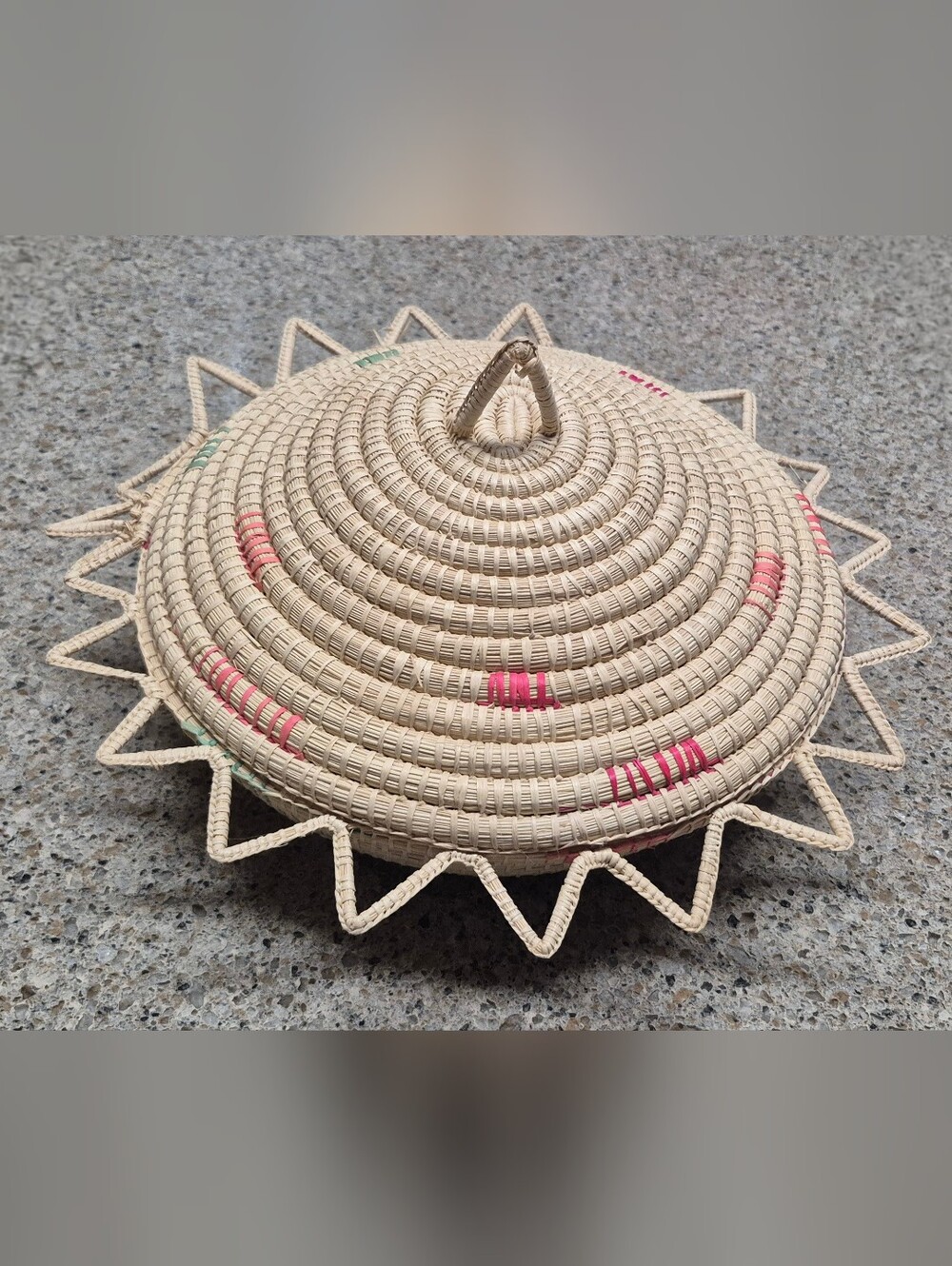 Vtg Woven Coiled Basket Lid Sunburst Star Rim Mexican Folk Art Southwestern Boho